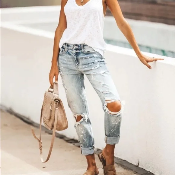 Brand New Distressed Denim Jeans Paint Splatter Relaxed Fit Boyfriend - Picture 4 of 10